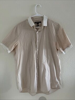 Michael Kors Beige and White Check Short-Sleeve Button-Down Shirt